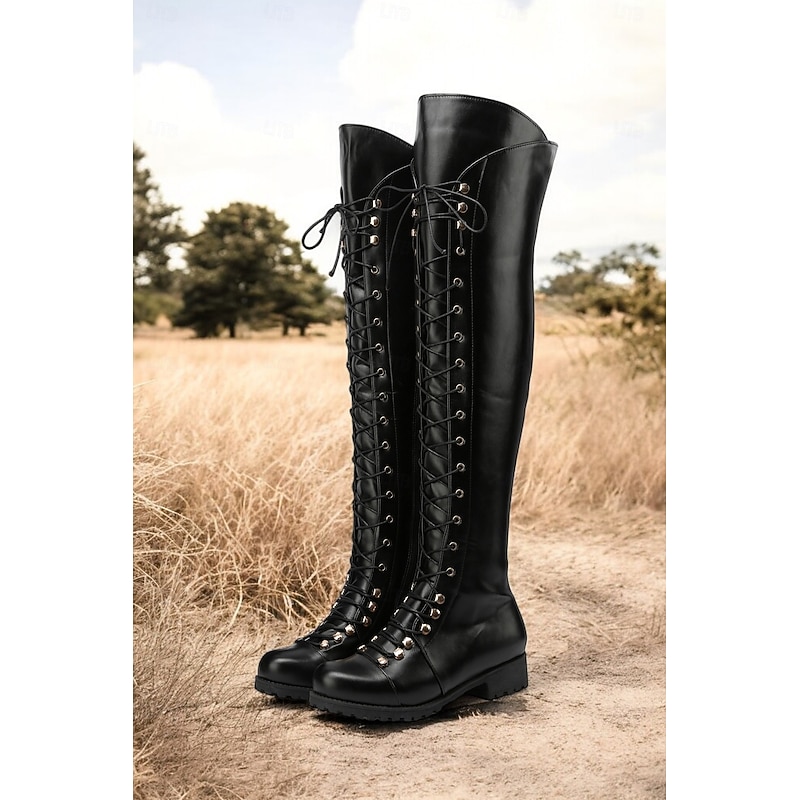Women's Black Over-the-Knee Lace-Up Boots – Stylish High Faux Leather Boots with Rugged Sole for Outdoor and Fashion Occasions2