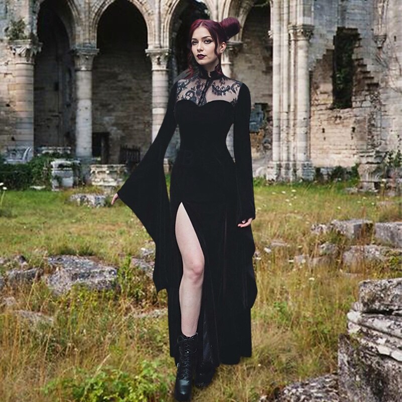 Punk & Gothic Sexy Costume Dress Cosplay Costume Slit Dresses Bell Sleeve Witch Morticia Addams Lace Fancy Dress Women's Fantasy Walpurgis Night Halloween Carnival Masquerade Party / Evening Club