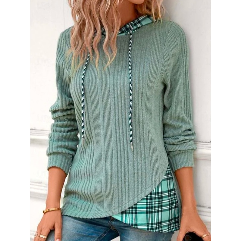 Women's Hoodie Sweatshirt Casual Street Dailywear Hoodie Patchwork Print Long Sleeve Green Fall Winter3