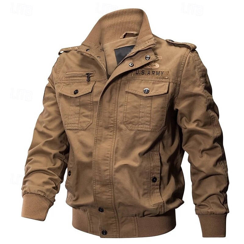 Men's Bomber Jacket Casual Jacket Daily Vacation Breathable Pocket Spring &  Fall Plain Fashion Classic Lapel Regular Black Khaki Army Green Jacket