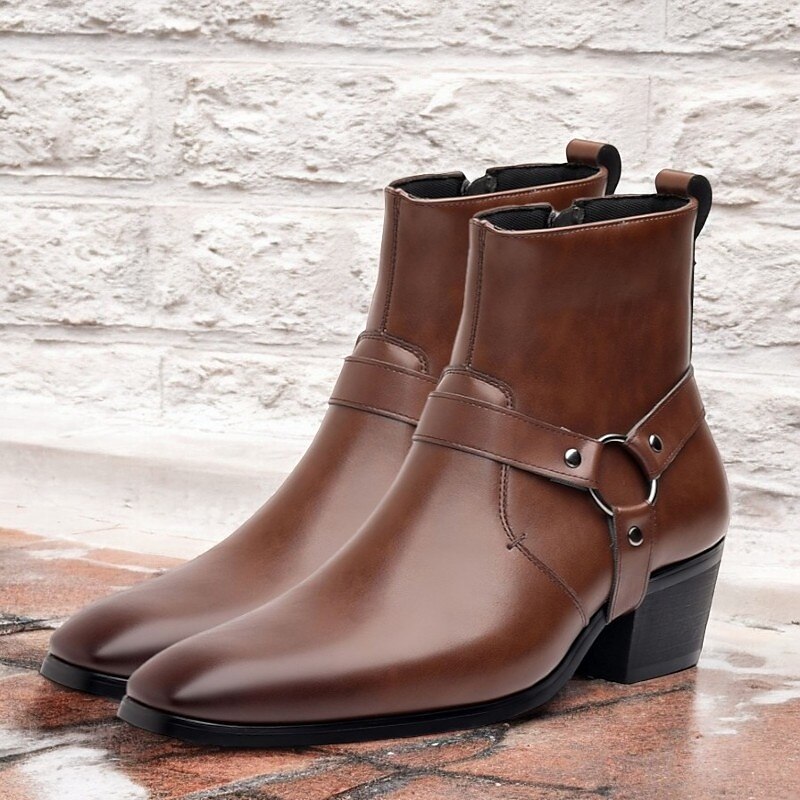 Men's Brown Faux Leather Motorcycle Ankle Boots with Strap and Metal Ring Detail - Stylish Western-Inspired Biker Boots