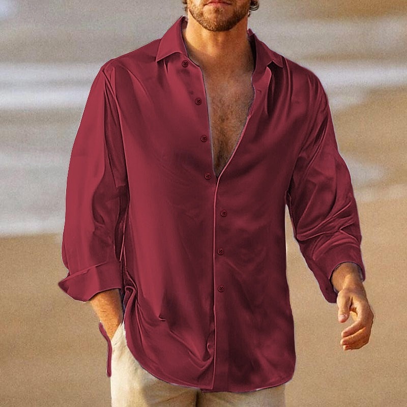 Men's Shirt Summer Shirt Beach Wear Casual Shirt Button Up Shirt Satin Silk Shirt Black Wine Blue Green Long Sleeve Plain Turndown Vacation Daily Clothing Apparel Cotton Cotton Blend Fashion Casual