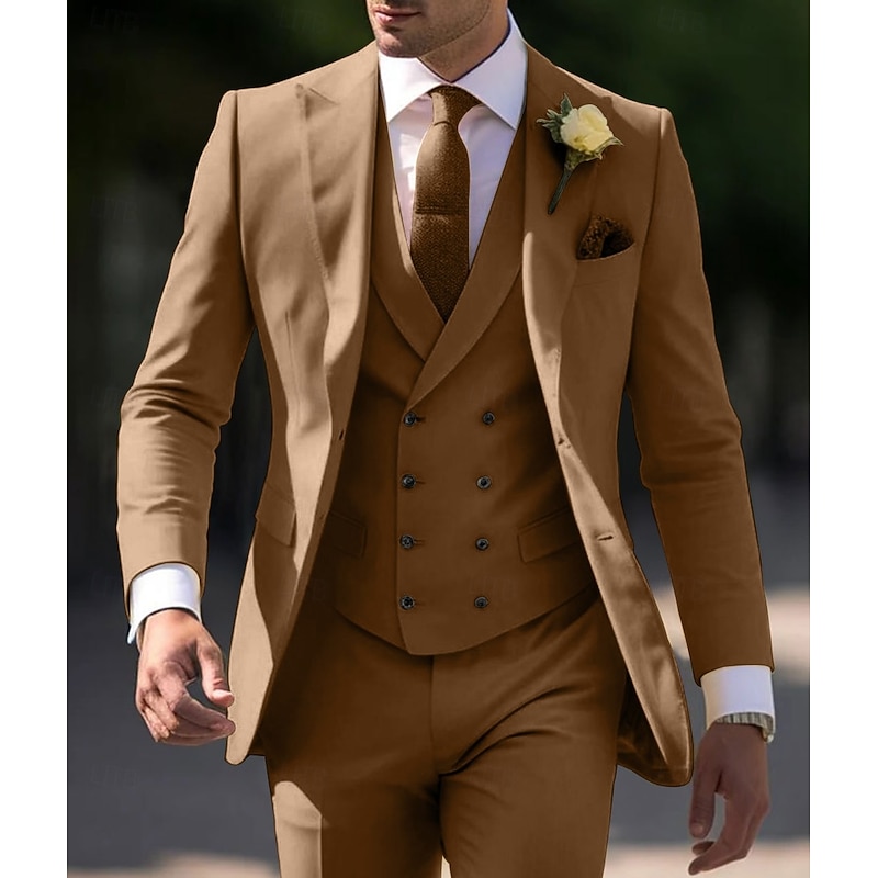 Men's Wedding Fall Wedding Wedding Suits Peaked Lapel Peak Light Yellow Brown Solid Colored Slim Fit 3 Piece Single Breasted Two-buttons3