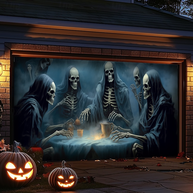 Halloween Door Decorations Outdoor Halloween Garage Door Cover Skeletons Banner Large Tapestry Backdrop Decoration for Holiday Outdoor Garage Door Home Wall Decorations 11
