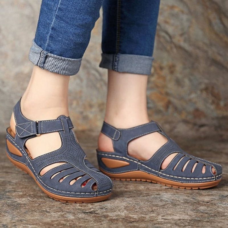 Comfortable Navy Blue Women's Cut-Out Sandals - Breathable Leather Design with Adjustable Strap, Ideal for Everyday Wear3