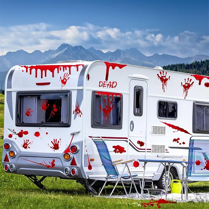 Halloween Blood Sticker - Blood Fingerprints, Footprints, Skeletons, and Pumpkins Wall Stickers, Small-Sized Static Background Decoration for Halloween Party4