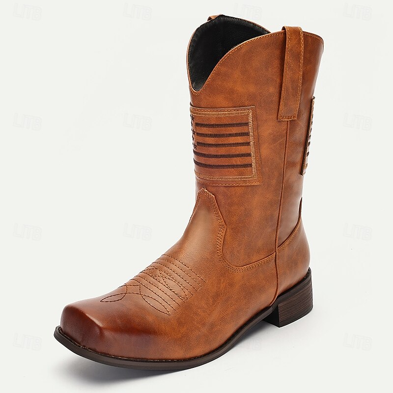 Men's Brown Faux Leather Western Cowboy Boots - Vintage Style with Unique Stitching and Striped Details for Outdoor Wear3