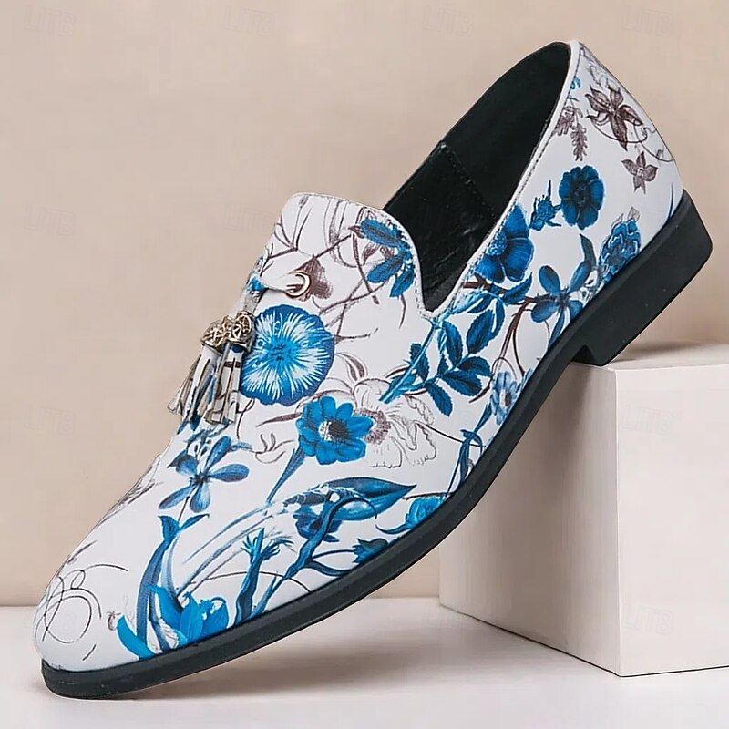 Men's Floral Print Loafers with Tassel Detail - Vintage Style Slip-On Dress Shoes for Formal Occasions