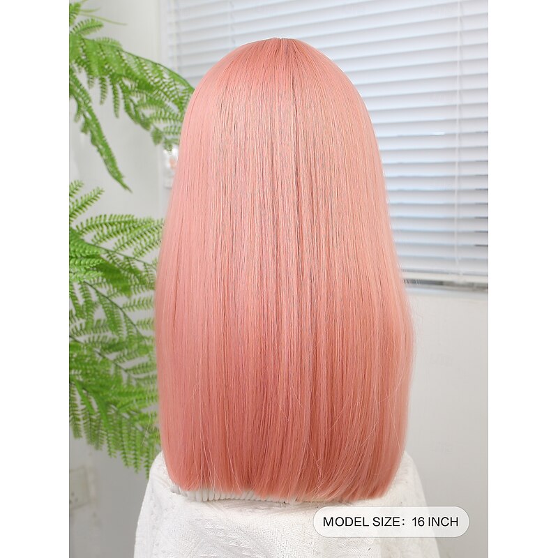 Synthetic Wig Straight Neat Bang Wig 16 inch Pink+Red Synthetic Hair Women's Pink3