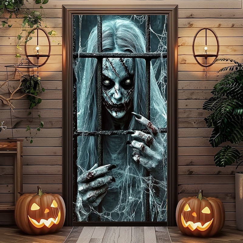 Halloween Door Decorations Halloween Door Covers Ghost Door Tapestry Door Curtain Decoration Backdrop Door Banner for Front Door Farmhouse Holiday Party Indoor Outdoor Decor Supplies