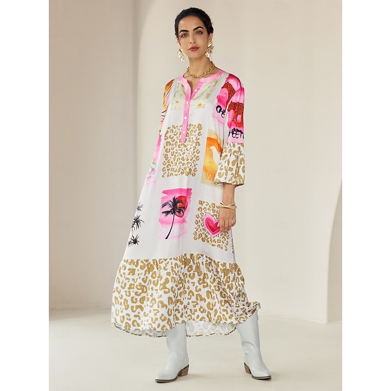 Satin Leopard Print Button Up Crew Neck Casual Daily Maxi Dress - Main Image