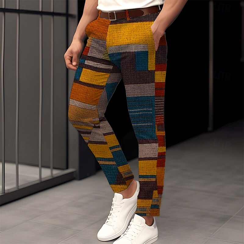 Men's Dress Pants Buttons Pocket 3D Print Plaid Color Block Patchwork Full Length Business Casual Vintage Orange Inelastic