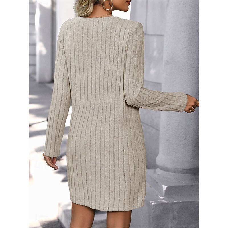 Women's Mini Dress Sweater Dress Casual Dress Plain Dress Basic Casual Flared Vacation Street Regular Fit Long Sleeve V Neck Apricot Fall Winter2