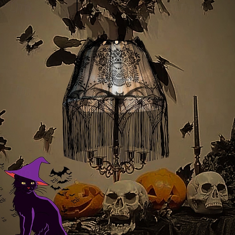 Halloween Window Decoration, Halloween Lace Skull Lampshade Hanging Decoration - Spooky Black Gothic Fringe Light Cover, Perfect For Halloween Parties & Haunted Houses
