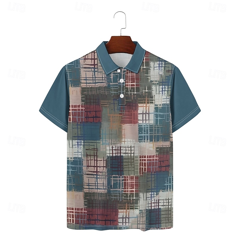 Men's Geometric Polo Shirts Short Sleeve Polo Shirts Collar Vintage Casual Holiday Daily Wear Buttons 3D Print Spring & Summer Brown4