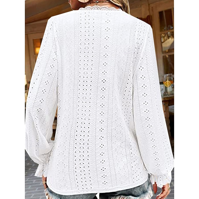 Women's White Elegant Lace Tops Eyelet Blouse Stylish Solid Color Eyelet Puff Sleeve Long Sleeve Regular Tops V Neck Daily Romantic Petite Tops Summer Holiday Wear White Pink Purple Green Spring Fall3