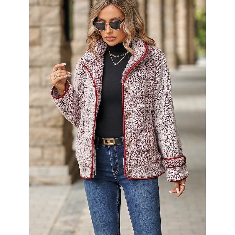 Women's Teddy Coat Warm Buttons Pocket Fashion Daily Modern Solid Color Work Casual Single Breasted Regular Turndown Regular Fit Long Sleeve Outerwear Red Gray Fall Winter4