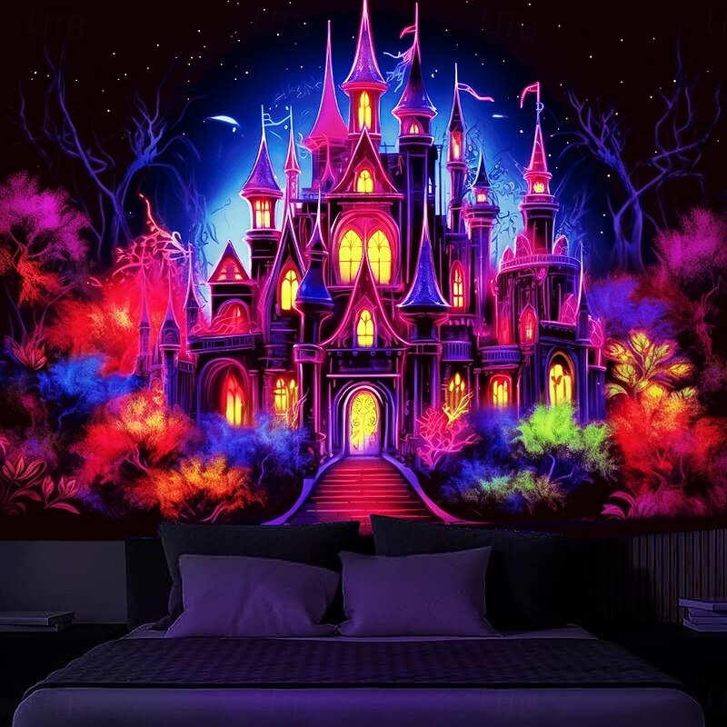 Halloween Blacklight Tapestry Haunted Castle UV Reactive Glow in the Dark Glow Party Trippy Misty Haunted House Hanging Tapestry Wall Art Mural for Living Room Bedroom