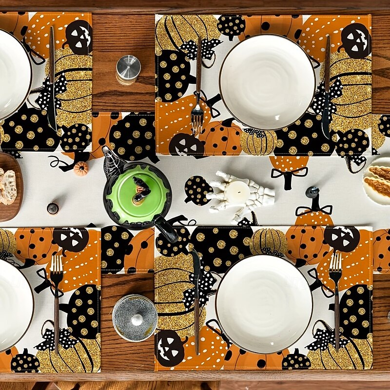 4 Pack Halloween Linen Placemats, Heat Resistant Table Mats for Kitchen Dining Table Decor, Spooky Party Table Setting Accessories3
