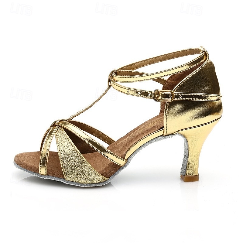 Women's Gold Glitter Dance Sandals with Ankle Strap and Mid Heel High Heel - Perfect for Ballroom and Latin Dance2