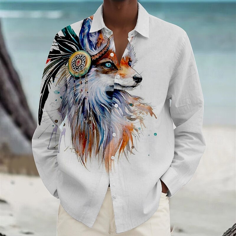 Men's Wolf Beach Shirt Button Up Shirt Long Sleeve Vintage Hawaiian Vacation Daily Fall Winter Spring & Summer Collared Shirts 3D Print White