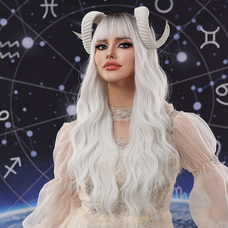 Synthetic Wig Uniforms Career Costumes Princess Curly Wavy Middle Part Layered Haircut Machine Made Wig 24 inch Black / White Synthetic Hair Women's Cosplay Party Fashion White3