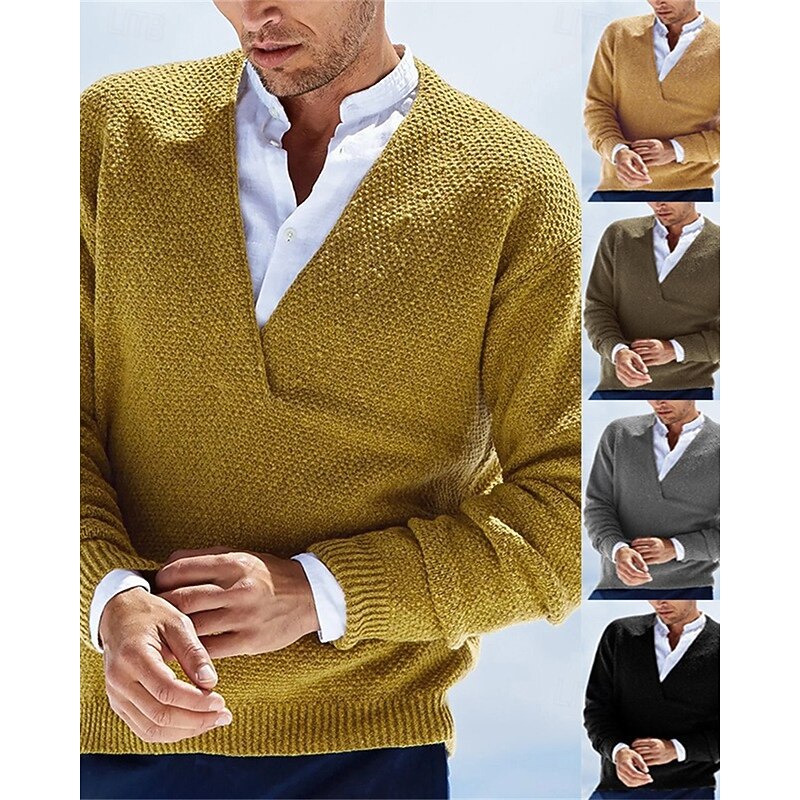 Men's Pullover Sweater Jumper Dress Sweater Knit Sweater Ribbed Knit Regular Knitted Plain V Neck Fashion Basic Daily Wear Date Clothing Apparel Fall & Winter caramel Black S M L