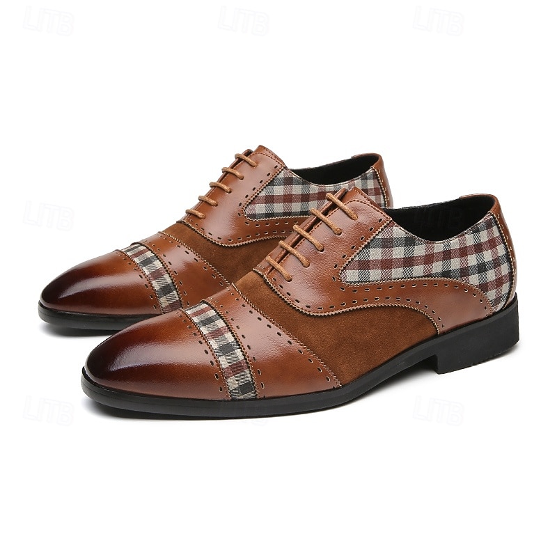Men's Brown Leather and Suede Oxford Shoes with Plaid Pattern - Stylish and Comfortable for Formal and Casual Wear3