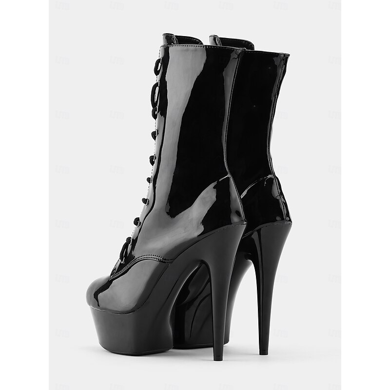 Women's Sexy Heels Black Patent Faux Leather Platform Stiletto Boots with Lace-Up Design and Side Zipper, Ideal for Night Out and Clubwear 5