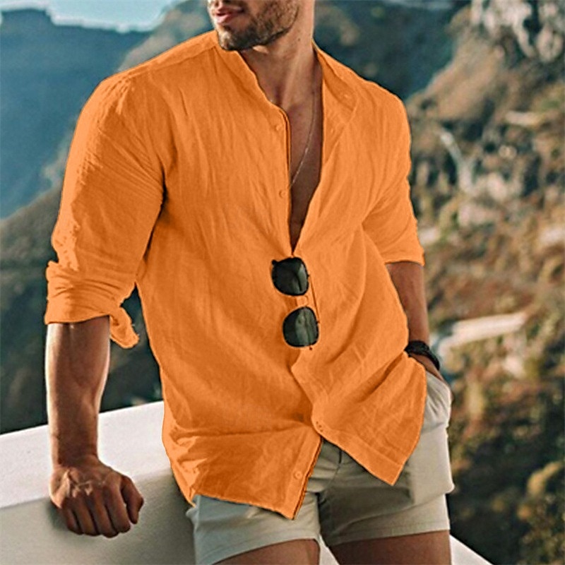 Men's Shirt Linen Shirt Band Collar Shirt Summer Shirt Beach Wear Button Up Shirt Solid Color Outdoor Vacation Black White Yellow Light Green Long Sleeve Collar Spring Fall Clothing Apparel4