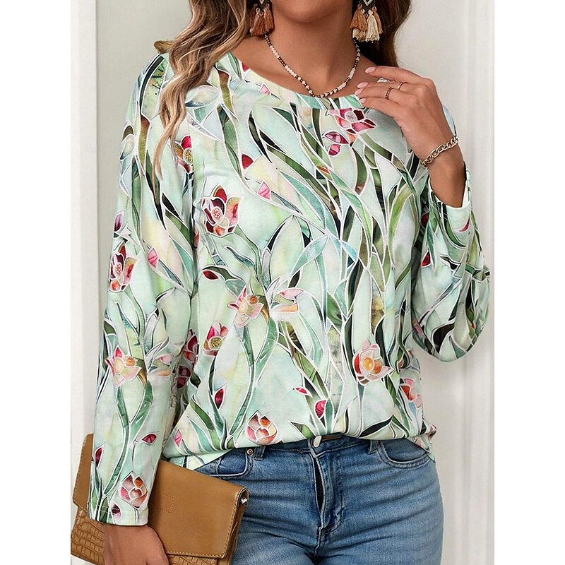 Women's T shirt Crew Neck Long Sleeve Tunic Casual Print Regular Tops Daily Light Green Spring Fall2
