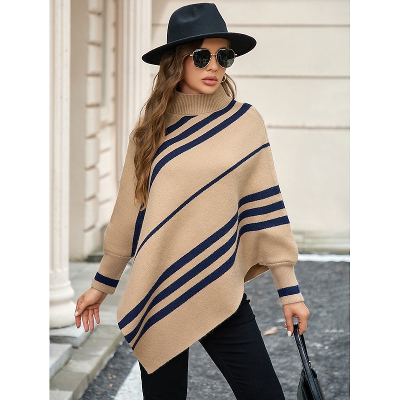 Women's Sweater Jacket Casual Soft Geometric Turtleneck Patchwork Long Sleeve Long Tops Knit Outdoor Daily Weekend Khaki Fall Winter