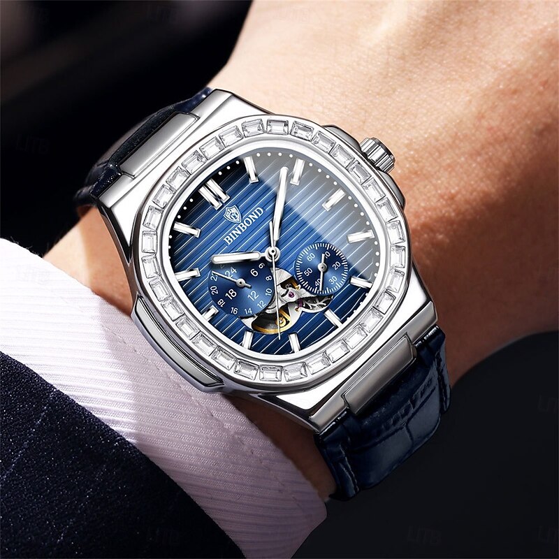 BINBOND Men Mechanical Watch Creative Fashion Business Wristwatch Automatic Self-winding Luminous Calendar Waterproof Steel Leather Watch4