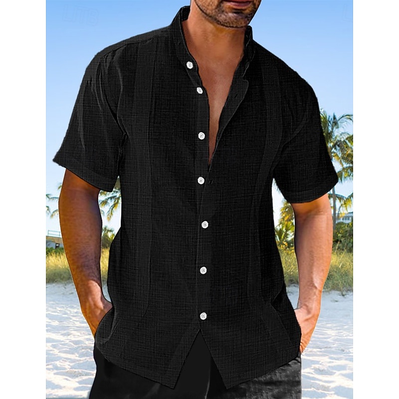 Men's Linen Shirt Guayabera Shirt Band Collar Shirt Summer Shirt Beach Wear Casual Shirt Plain Vacation Curise Black White Blue Green Short Sleeve Stand Collar Summer Clothing Apparel4