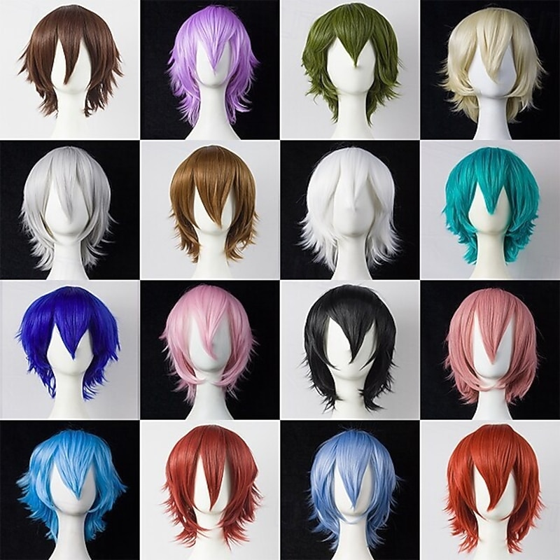 Short Anime Straight Synthetic Wigs with Bangs High Temperature Resistance Anime Party Costume Cosplay Wig for Men and Women