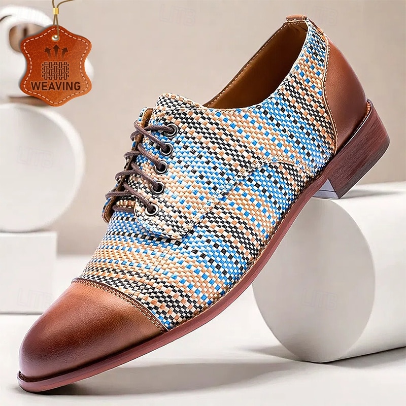 Men's Multicolor Woven Oxford Shoes – Leather Cap Toe Lace-Up Dress Shoes for Formal and Casual Wear