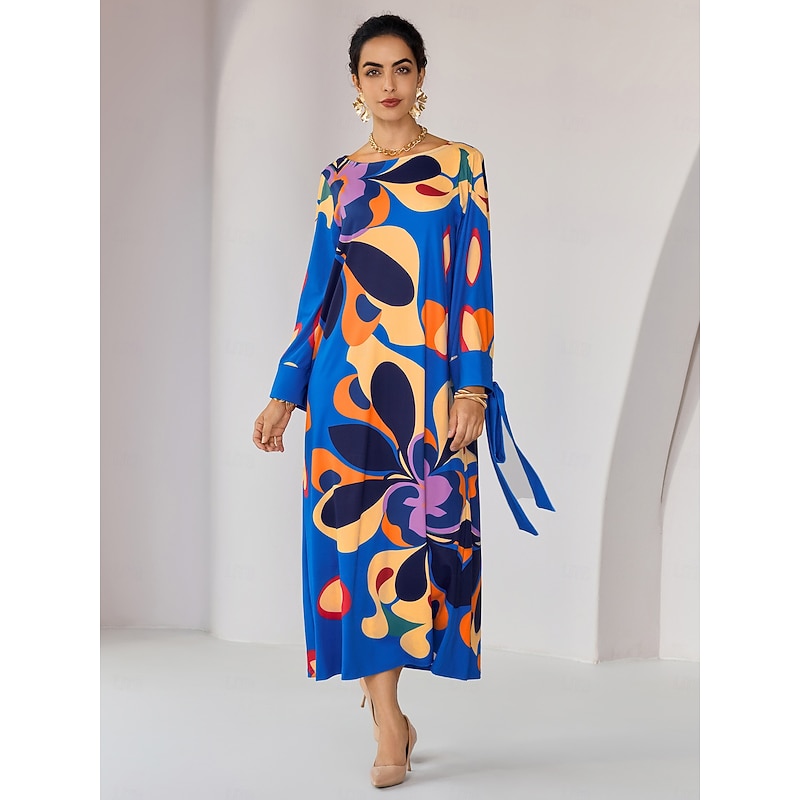 Loose Floral Printing Fall Crew Neck Elegant Casual Midi Dress4