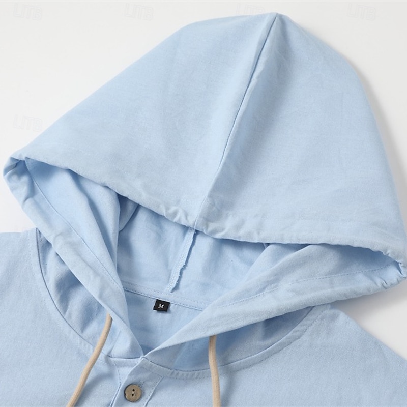 Men's Shirt Linen Shirt Beach Wear Button Up Shirt Hooded Shirt Plain Casual Daily Black White Green Khaki Long Sleeve Hooded Spring & Summer Clothing Apparel Buttons3