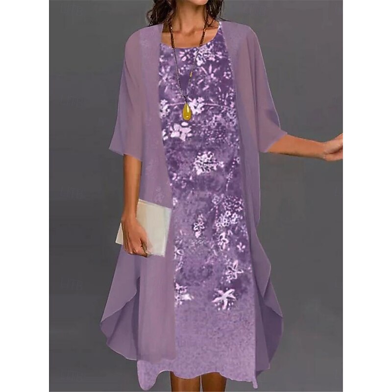 Women's Dress Set Casual Dress Print Dress Fashion Modern Floral Print Midi Dress 3/4 Length Sleeve Crew Neck Outdoor Date Blue Purple Green Fall Loose Fit3