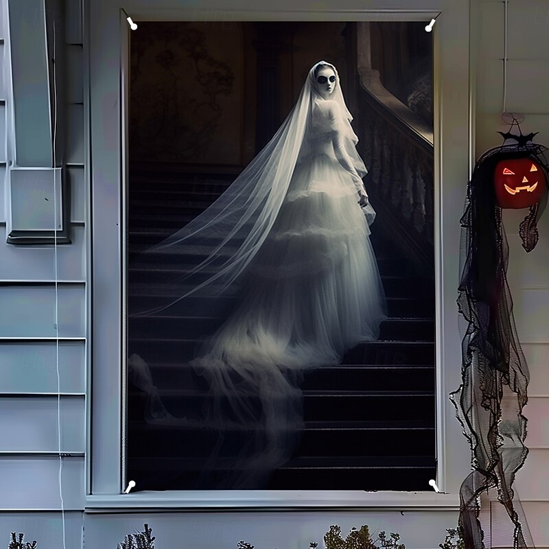 Halloween Window Cover Decorations, Fabric Ghost Bride Creepy Halloween Curtain Horror Movie Poster Window Door Covering Decor for Haunted House, Scary Halloween Window Clings Decals Indoor Outdoor4