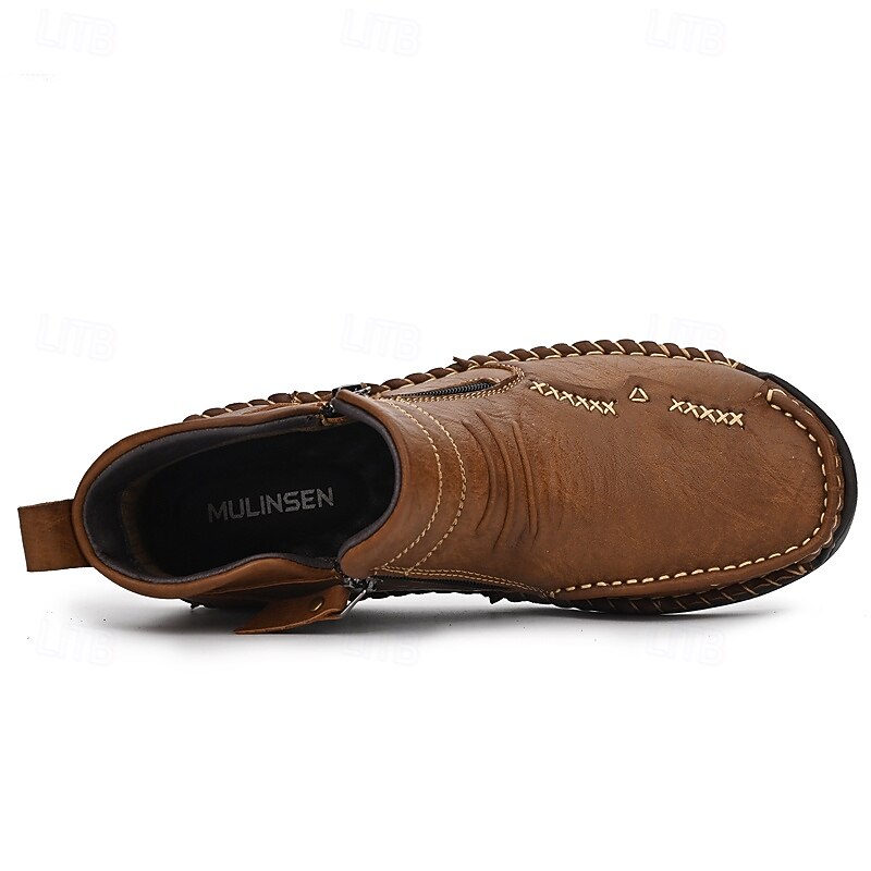 Men's Stylish Brown Faux Leather Zip-Up Ankle Boots – Rugged Outdoor Footwear with Handcrafted Detail 14