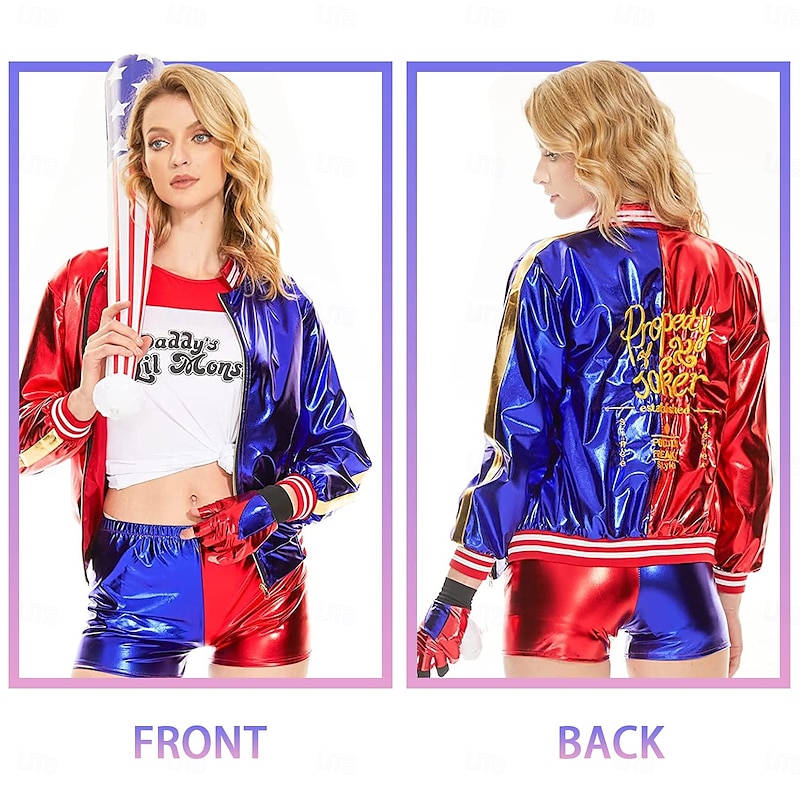 Harley Quinn Costumes 13 PCS Set Joker 2 Suicide Squad Clown Cosplay Costume Outfits with Wigs Accessries Embroidered Women's Girls' Movie Cosplay Halloween Carnival Performance Party2