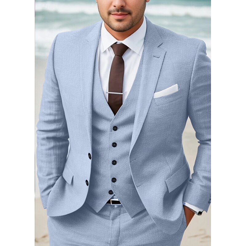 Men's Wedding Linen Suits Notch Lapel Sky Blue Khaki Solid Colored Tailored Fit 3 Piece Single Breasted Two-buttons