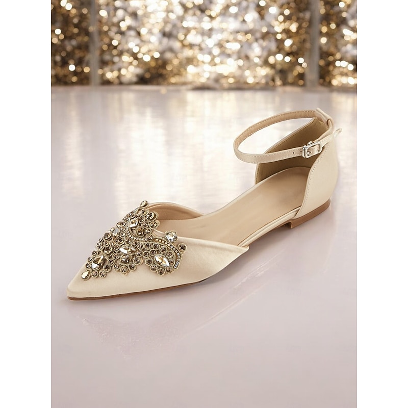 Women's Ivory Satin Flats with Rhinestone Embellishments - Elegant Pointed-Toe Design for Weddings and Formal Events2
