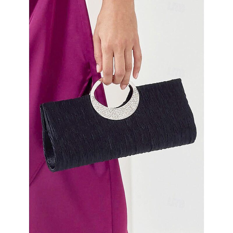Women's Black Evening Clutch with Rhinestone Handle - Elegant Handbag for Weddings and Formal Events