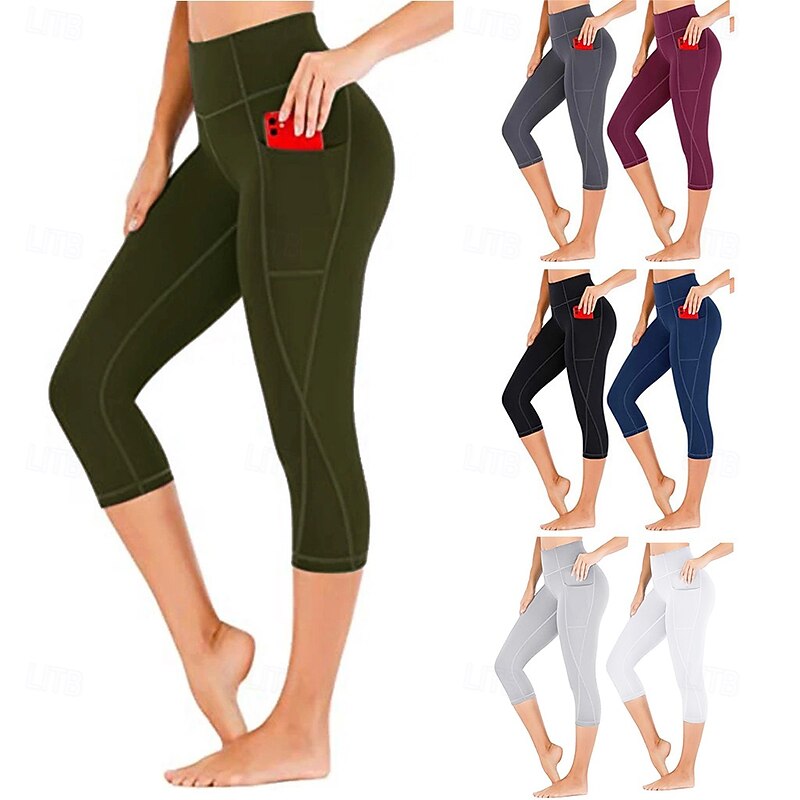 Women's Capri Leggings Side Pockets Butt Lift Tummy Control High Waist Gym Workout Running Fitness Bottoms Black White Burgundy Spandex Sports Activewear High Elasticity Skinny