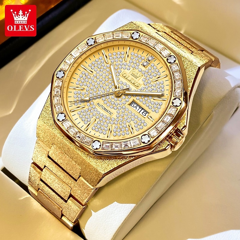 OLEVS Men Mechanical Watch Creative Minimalist Fashion Business Automatic Self-winding Luminous Calendar Date Week Steel Watch