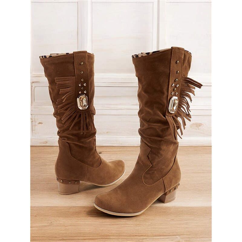 Women's Brown Suede Fringe Mid-Calf Boots with Studded Details – Western Cowboy Boots for Fall and Winter2