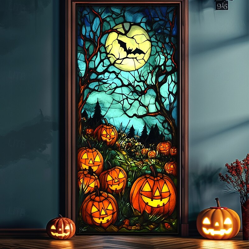 Halloween Door Decorations Halloween Door Covers Jack O Lantern Pumpkin Door Tapestry Door Curtain Decoration Backdrop Door Banner for Front Door Farmhouse Holiday Party Indoor Outdoor Decor Supplies3