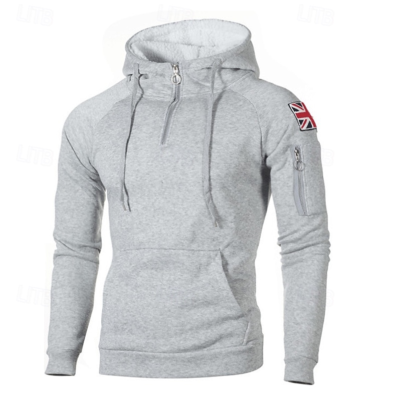 Men's Hoodie Polar Fleece Quarter Zip Hoodie Black Red Light Grey Dark Gray Hooded National Flag Pocket Sports & Outdoor Daily Holiday Streetwear Basic Casual Fall & Winter Clothing Apparel Hoodies